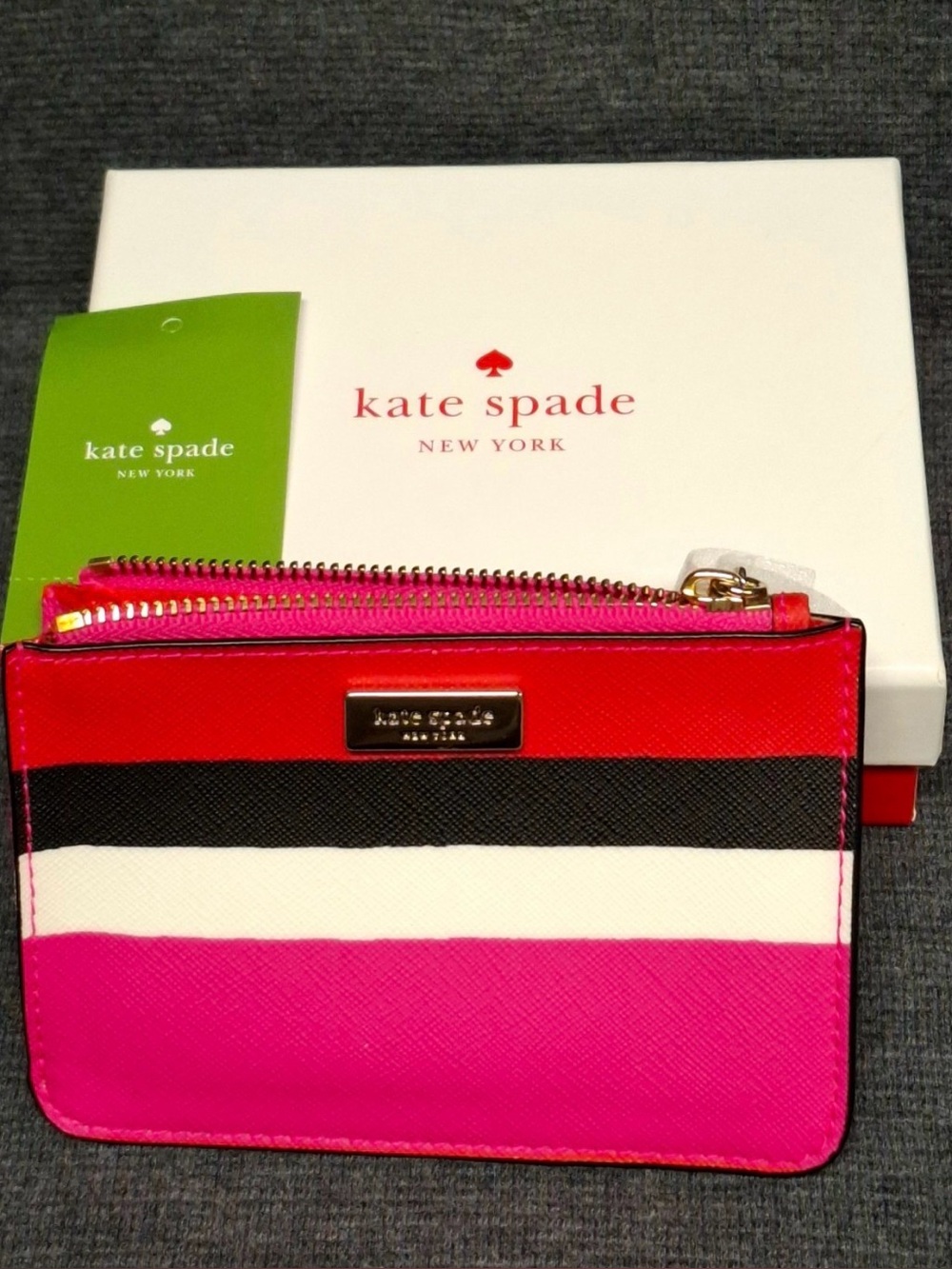 kate spade New York Striped Pink & Red Zip Card Pouch NWT